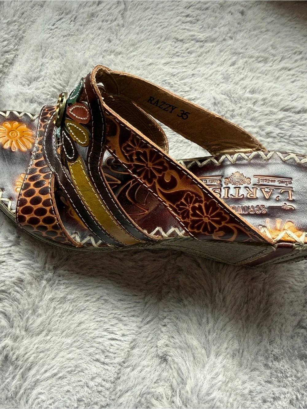 Spring Step L’Artiste Leather Floral Wedge Sandals size 35 “Razzy”